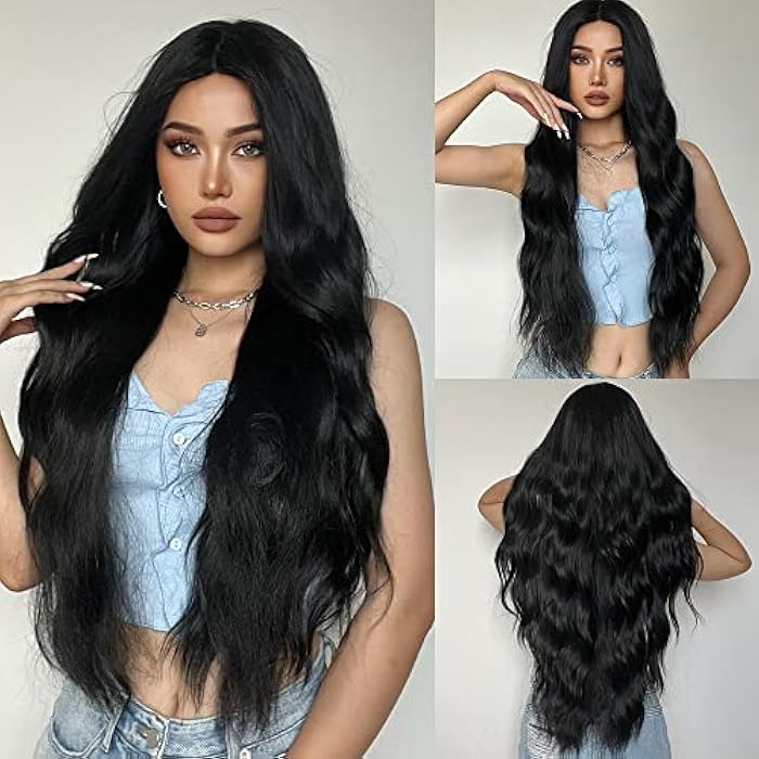 DILLARDS Piaou 28Inch Long Black Wig For Women Natural Looking Synthetic Long Wavy Wigs Middle Part Heat Resistant Long Wig For Daily Party Wear (Black) - Image 1